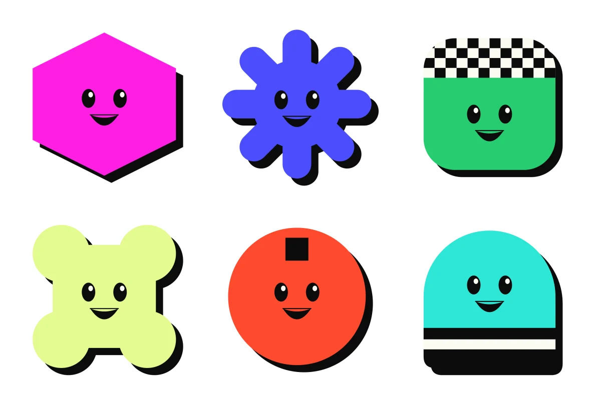 six die-cut stickers: the japanese hexagon, korean asterisk, italian checker square, spanish lobes, chinese coin and french striped dome